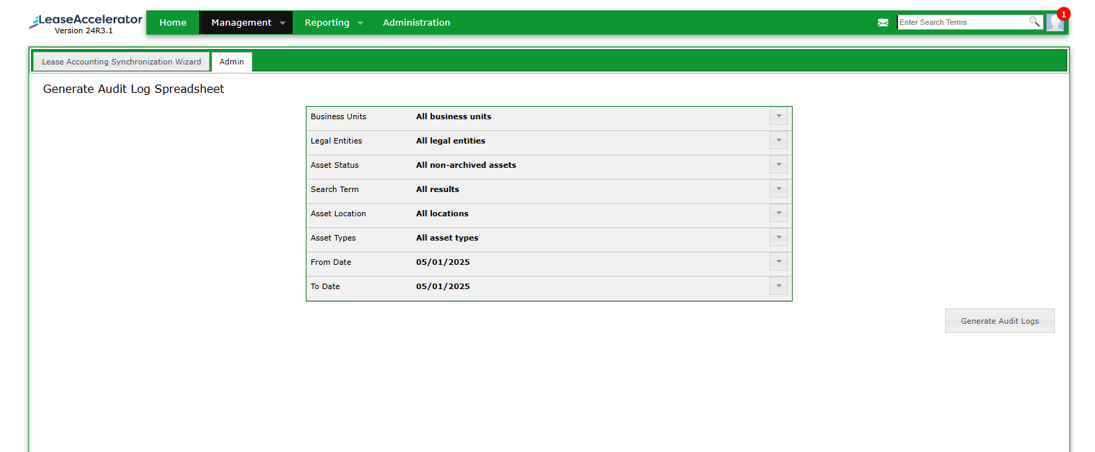 Screenshot of the lease accounting synchronization screen under the admin section
